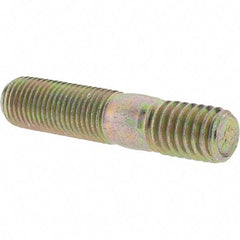 Value Collection - 3/8-24 Long Thread, 3/8-16 Short Thread, 1-3/4" OAL Unequal Double Threaded Stud - Alloy Steel, Zinc Yellow Dichromate Finish, 1" Long Thread Length, 9/16" Short Thread Length - Eagle Tool & Supply