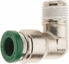 Parker - 1/4" Outside Diam, 1/8 NPTF, Nickel Plated Brass Push-to-Connect Tube Male Elbow - 300 Max psi, Tube to Male NPT Connection, Nitrile O-Ring - Eagle Tool & Supply