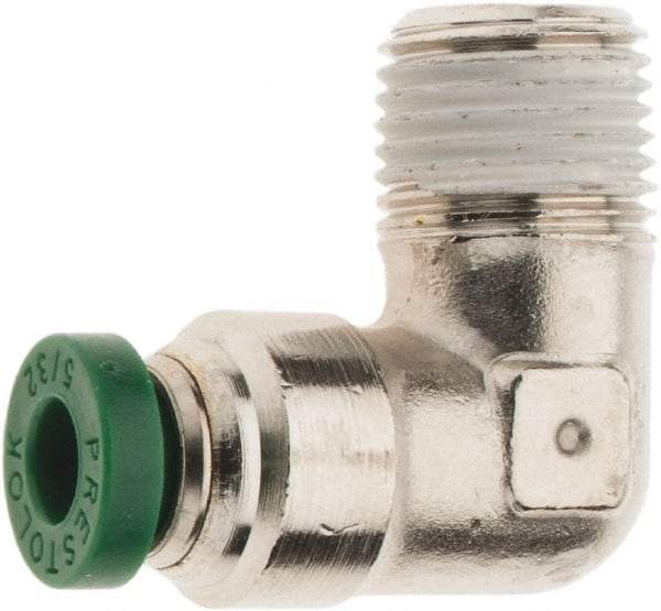 Parker - 5/32" Outside Diam, 1/8 NPTF, Nickel Plated Brass Push-to-Connect Tube Male Elbow - 300 Max psi, Tube to Male NPT Connection, Nitrile O-Ring - Eagle Tool & Supply