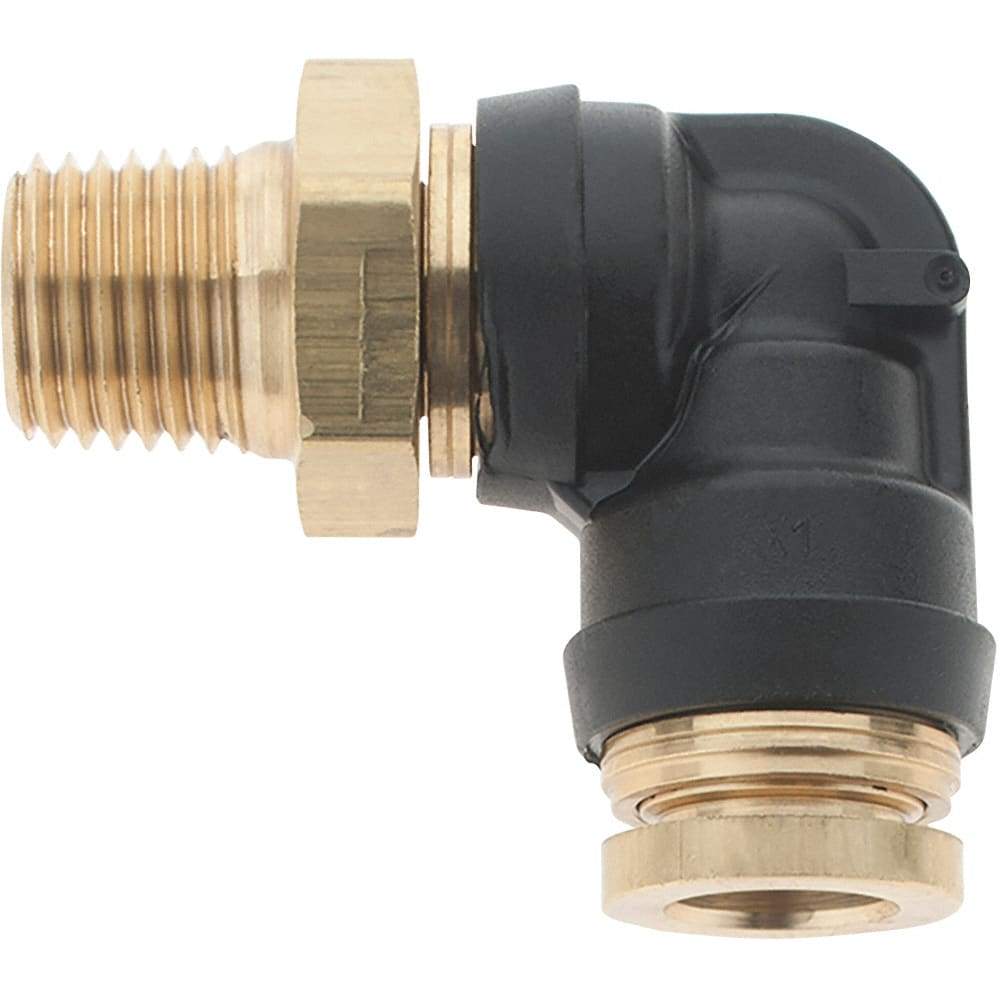 Parker - 3/8" Outside Diam, 1/4 Thread, Brass Push-to-Connect Tube Male Elbow - 250 Max psi, Tube to Male NPT Connection - Eagle Tool & Supply