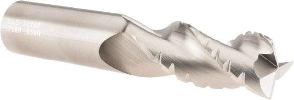 SGS - 3/4" Diam, 1-5/8" LOC, 3 Flute Solid Carbide 0.03" Corner Radius Roughing End Mill - TiB2 Finish, 4" OAL, 3/4" Shank Diam, Single End, Centercutting, 38° Helix - Eagle Tool & Supply