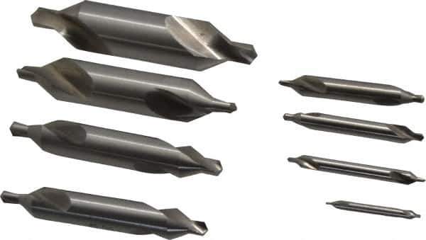 Chicago-Latrobe - 8 Piece, #1 to 8, 1/8 to 3/4" Body Diam, 3/64 to 5/16" Point Diam, Plain Edge, High Speed Steel Combo Drill & Countersink Set - 60° Incl Angle, 1/8 to 3-1/2" OAL, Double End, 217 Series Compatibility - Eagle Tool & Supply