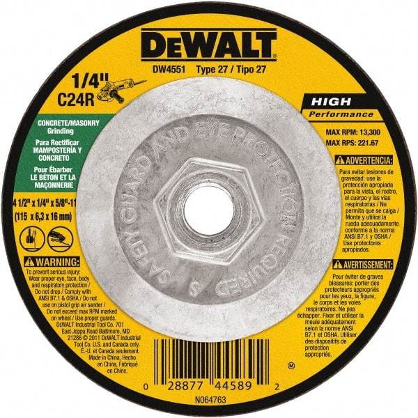 DeWALT - 24 Grit, 4-1/2" Wheel Diam, 1/4" Wheel Thickness, Type 27 Depressed Center Wheel - Silicon Carbide, Resinoid Bond, 13,300 Max RPM - Eagle Tool & Supply