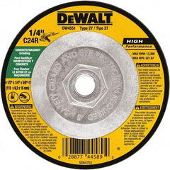DeWALT - 24 Grit, 4-1/2" Wheel Diam, 1/4" Wheel Thickness, Type 27 Depressed Center Wheel - Silicon Carbide, Resinoid Bond, 13,300 Max RPM - Eagle Tool & Supply