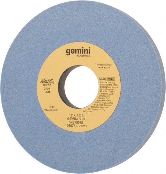 Norton - 12" Diam x 3" Hole x 1" Thick, K Hardness, 60 Grit Surface Grinding Wheel - Aluminum Oxide, Type 1, Medium Grade, 2,705 Max RPM, No Recess - Eagle Tool & Supply