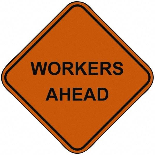 PRO-SAFE - "Workers Ahead", 48" Wide x 48" High, Nylon Construction Roadway Signs - Orange, Square, Sign Stand Mount - Eagle Tool & Supply