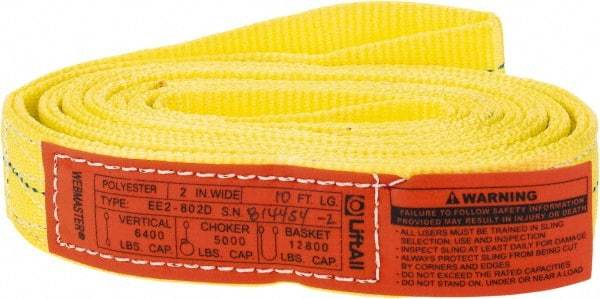 Lift-All - 10' Long x 2" Wide, 6,400 Lb Vertical Capacity, 2 Ply, Polyester Web Sling - 5,000 Lb Choker Capacity, Yellow - Eagle Tool & Supply