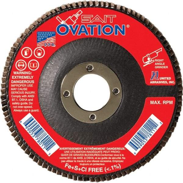 Sait - 80 Grit, 4-1/2" Disc Diam, 7/8" Center Hole, Type 27 Zirconia Alumina Flap Disc - 13,300 Max RPM, Fiberglass Backing, Arbor Attaching System, Coated - Eagle Tool & Supply