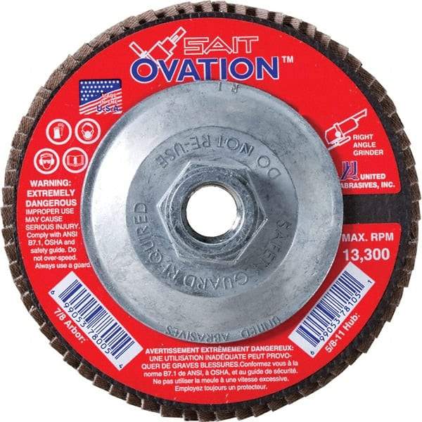 Sait - 80 Grit, 4-1/2" Disc Diam, 5/8-11 Center Hole, Type 27 Zirconia Alumina Flap Disc - 13,300 Max RPM, Fiberglass Backing, Arbor Attaching System, Coated - Eagle Tool & Supply