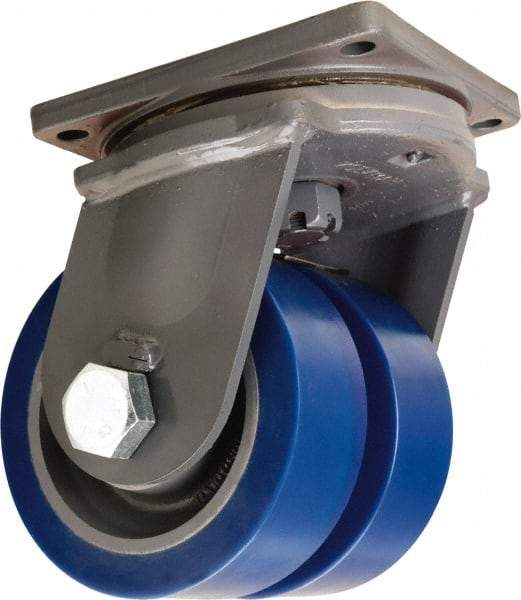 Hamilton - 8" Diam x 3" Wide x 11" OAH Top Plate Mount Dual Swivel Caster - Polyurethane Mold on Forged Steel, 7,000 Lb Capacity, Tapered Roller Bearing, 8-1/2 x 8-1/2" Plate - Eagle Tool & Supply