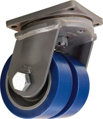 Hamilton - 8" Diam x 3" Wide x 11" OAH Top Plate Mount Dual Swivel Caster - Polyurethane Mold on Forged Steel, 7,000 Lb Capacity, Tapered Roller Bearing, 8-1/2 x 8-1/2" Plate - Eagle Tool & Supply