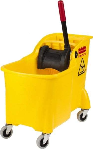 Rubbermaid - 31 Qt Plastic Bucket & Wringer - 22-5/8" Long x 32-1/4" High x 13-1/4" Wide, Yellow - Eagle Tool & Supply