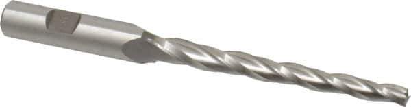 Made in USA - 1° Taper Angle per Side, 1/4" Small End Diam, 3-1/4" LOC, High Speed Steel 3 Flute Tapered Square End Mill - 5-1/2" OAL, 1/2" Shank Diam, Spiral Flute - Eagle Tool & Supply
