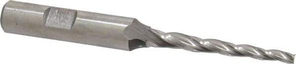 Made in USA - 1.5° Taper Angle per Side, 1/8" Small End Diam, 1-1/2" LOC, High Speed Steel 3 Flute Tapered Square End Mill - 3-1/4" OAL, 3/8" Shank Diam, Spiral Flute - Eagle Tool & Supply