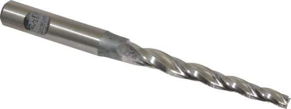 Made in USA - 1.5° Taper Angle per Side, 3/16" Small End Diam, 2-1/4" LOC, High Speed Steel 3 Flute Tapered Square End Mill - 4-1/4" OAL, 3/8" Shank Diam, Spiral Flute - Eagle Tool & Supply