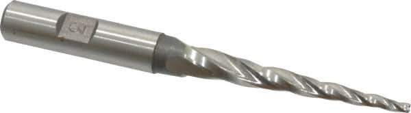 Made in USA - 3° Taper Angle per Side, 3/32" Small End Diam, 2" LOC, High Speed Steel 3 Flute Tapered Square End Mill - 3-3/4" OAL, 3/8" Shank Diam, Spiral Flute - Eagle Tool & Supply