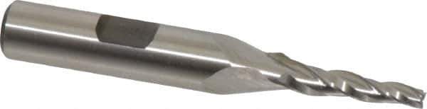 Made in USA - 3° Taper Angle per Side, 1/8" Small End Diam, 3/4" LOC, High Speed Steel 3 Flute Tapered Square End Mill - 2-7/8" OAL, 3/8" Shank Diam, Spiral Flute - Eagle Tool & Supply