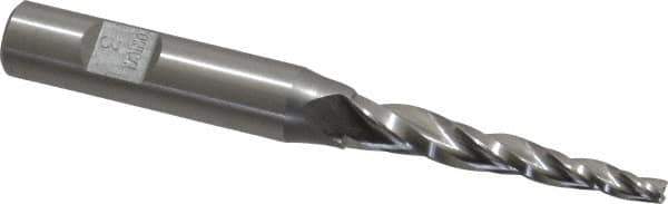 Made in USA - 3° Taper Angle per Side, 1/8" Small End Diam, 1-1/2" LOC, High Speed Steel 3 Flute Tapered Square End Mill - 3-1/4" OAL, 3/8" Shank Diam, Spiral Flute - Eagle Tool & Supply