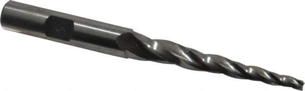 Made in USA - 3° Taper Angle per Side, 1/8" Small End Diam, 2" LOC, High Speed Steel 3 Flute Tapered Square End Mill - 3-3/4" OAL, 3/8" Shank Diam, Spiral Flute - Eagle Tool & Supply