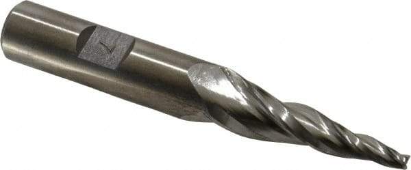 Made in USA - 7° Taper Angle per Side, 1/8" Small End Diam, 1-1/2" LOC, High Speed Steel 3 Flute Tapered Square End Mill - 3-1/4" OAL, 1/2" Shank Diam, Spiral Flute - Eagle Tool & Supply