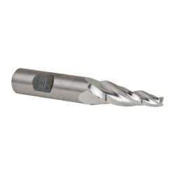 Made in USA - 7° Taper Angle per Side, 3/16" Small End Diam, 1-1/4" LOC, High Speed Steel 3 Flute Tapered Square End Mill - 3-1/8" OAL, 1/2" Shank Diam, Spiral Flute - Eagle Tool & Supply