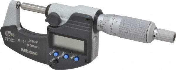 Mitutoyo - 25.4mm Max Measurement, Spherical Face Micrometer - Accuracy Up to 0.0001 Inch, Data Output, 0.0001 Inch Resolution, Electronic Operation, Ratchet Stop Thimble, IP65 Water Resistance Rating, SR44 Battery - Eagle Tool & Supply