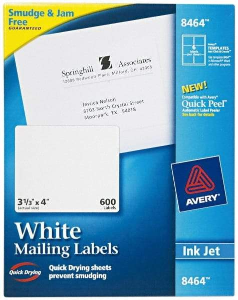 AVERY - 3.33" Wide x 4" Long, White Paper Shipping Label - For Inkjet Printers - Eagle Tool & Supply