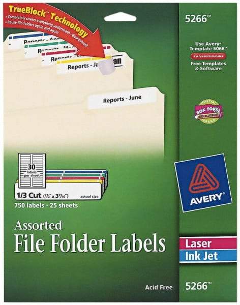 AVERY - 0.6" Wide x 3-7/16" Long, White/Blue/Green/Red/Yellow Paper File Folder Label - For Laser/Inkjet Printers - Eagle Tool & Supply