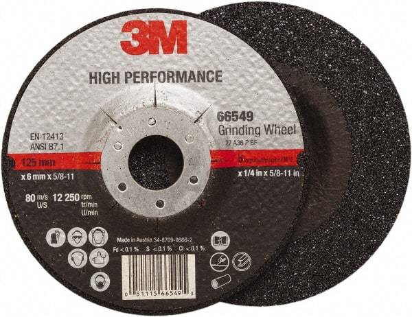 3M - 36 Grit, 5" Wheel Diam, 1/4" Wheel Thickness, Type 27 Depressed Center Wheel - Ceramic, Resinoid Bond, 12,250 Max RPM, Compatible with Angle Grinder - Eagle Tool & Supply