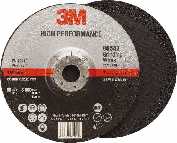 3M - 36 Grit, 7" Wheel Diam, 1/4" Wheel Thickness, 7/8" Arbor Hole, Type 27 Depressed Center Wheel - Ceramic, Resinoid Bond, 8,500 Max RPM, Compatible with Angle Grinder - Eagle Tool & Supply