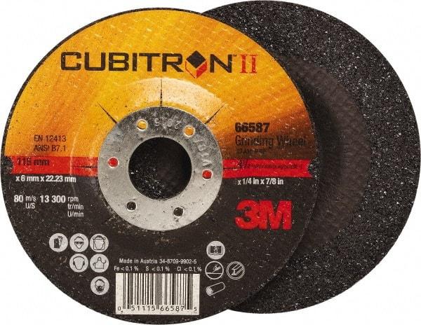 3M - 36 Grit, 4-1/2" Wheel Diam, 1/4" Wheel Thickness, 7/8" Arbor Hole, Type 27 Depressed Center Wheel - Ceramic, Resinoid Bond, 13,300 Max RPM, Compatible with Angle Grinder - Eagle Tool & Supply