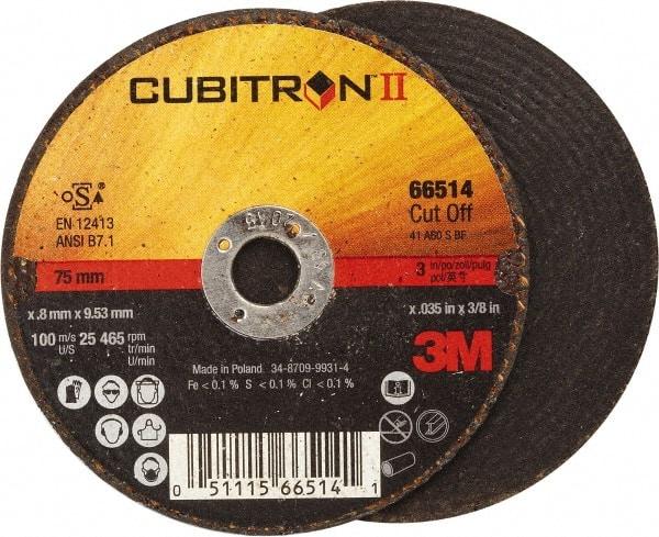 3M - 3" 60 Grit Ceramic Cutoff Wheel - 0.035" Thick, 3/8" Arbor, 25,465 Max RPM, Use with Angle Grinders - Eagle Tool & Supply