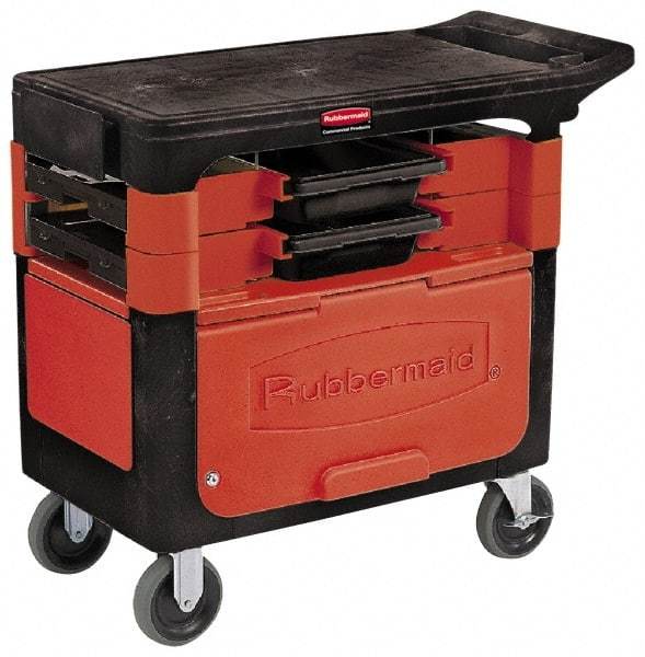 Rubbermaid - 350 Lb Capacity, 2 Shelf Trade Cart - 19" Wide x 38" Deep x 33-3/8" High, Plastic, Black/Red - Eagle Tool & Supply
