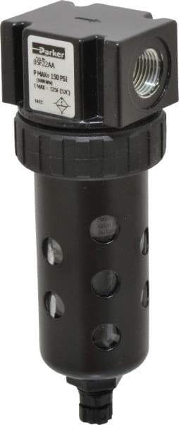 Parker - 3/8" Port, 5.91" High x 2" Wide Compact Filter with Polycarbonate Bowl, Manual Drain - 70 SCFM, 150 Max psi, 125°F Max Temp, Modular Connection, Bowl Guard, 2 oz Bowl Capacity - Eagle Tool & Supply