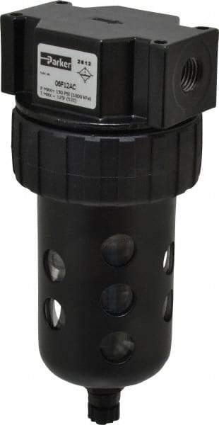 Parker - 1/4" Port, 6.22" High x 2.81" Wide Intermediate Filter with Polycarbonate Bowl, Manual Drain - 53 SCFM, 150 Max psi, 125°F Max Temp, Modular Connection, Bowl Guard, 4.4 oz Bowl Capacity - Eagle Tool & Supply