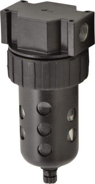 Parker - 3/8" Port, 6.22" High x 2.81" Wide Intermediate Filter with Polycarbonate Bowl, Manual Drain - 80 SCFM, 150 Max psi, 125°F Max Temp, Modular Connection, Bowl Guard, 4.4 oz Bowl Capacity - Eagle Tool & Supply