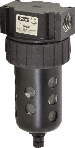 Parker - 1/2" Port, 6.22" High x 2.81" Wide Intermediate Filter with Polycarbonate Bowl, Manual Drain - 85 SCFM, 150 Max psi, 125°F Max Temp, Modular Connection, Bowl Guard, 4.4 oz Bowl Capacity - Eagle Tool & Supply