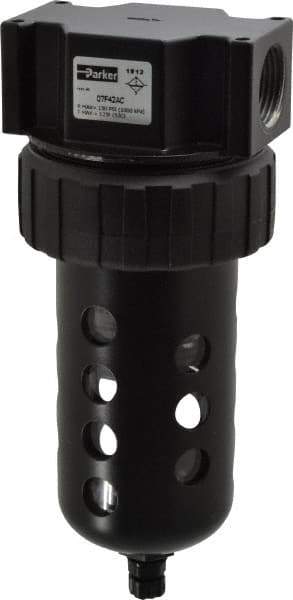 Parker - 3/4" Port, 7.67" High x 3.24" Wide Standard Filter with Polycarbonate Bowl, Manual Drain - 145 SCFM, 150 Max psi, 125°F Max Temp, Modular Connection, Bowl Guard, 7.2 oz Bowl Capacity - Eagle Tool & Supply