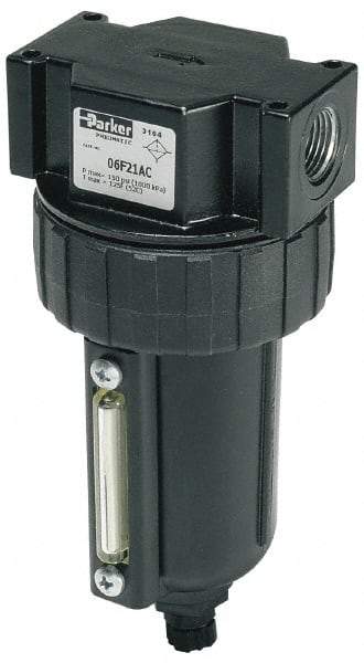Parker - 1/2" Port, 6.22" High x 2.81" Wide Intermediate Filter with Metal Bowl, Manual Drain - 85 SCFM, 250 Max psi, 175°F Max Temp, Sight Glass Included, Modular Connection, 4.4 oz Bowl Capacity - Eagle Tool & Supply