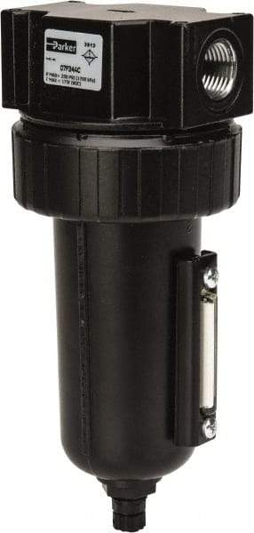Parker - 1/2" Port, 7.67" High x 3.24" Wide Standard Filter with Metal Bowl, Manual Drain - 130 SCFM, 250 Max psi, 175°F Max Temp, Sight Glass Included, Modular Connection, 7.2 oz Bowl Capacity - Eagle Tool & Supply