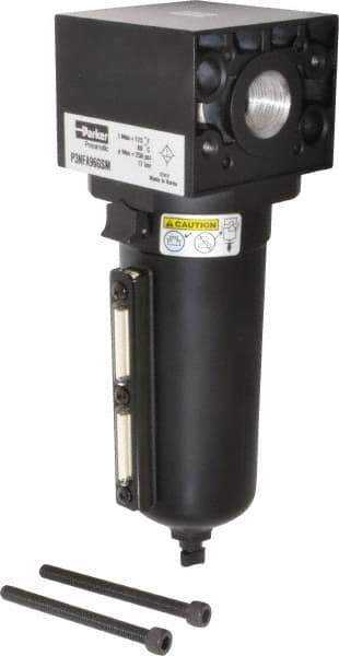 Parker - 3/4" Port, 10.95" High x 3.62" Wide Heavy Duty Filter with Metal Bowl, Manual Drain - 270 SCFM, 250 Max psi, 175°F Max Temp, Sight Glass Included, Modular Connection, 18 oz Bowl Capacity - Eagle Tool & Supply