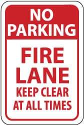 NMC - "No Parking - Fire Lane - Keep Clear at All Times", 12" Wide x 18" High, Aluminum Fire Lane Signs - 0.04" Thick, Red on White, Rectangle, Wall Mount - Eagle Tool & Supply