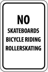 NMC - "No Skateboarders Bicycle Riding Rollerskating", 12" Wide x 18" High, Aluminum Parking Lot Traffic Signs - 0.08" Thick, Black on White, Engineer Grade Reflectivity, Rectangle, Post Mount - Eagle Tool & Supply
