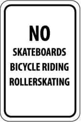 NMC - "No Skateboards Bicycle Riding Rollerskating", 12" Wide x 18" High, Aluminum Parking Lot Traffic Signs - 0.04" Thick, Black on White, Rectangle, Post Mount - Eagle Tool & Supply