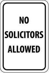 NMC - "No Solicitors Allowed", 12" Wide x 18" High, Aluminum Parking Lot Traffic Signs - 0.04" Thick, Black on White, Rectangle, Post Mount - Eagle Tool & Supply