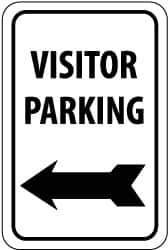 NMC - "Visitor Parking", "Left Arrow", 12" Wide x 18" High, Aluminum Parking Lot Traffic Signs - 0.08" Thick, Black on White, Engineer Grade Reflectivity, Rectangle, Post Mount - Eagle Tool & Supply