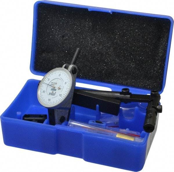 Fowler - 12 Piece, 0" to 0.06" Measuring Range, 1-1/2" Dial Diam, 0-15-0 Dial Reading, Horizontal White Dial Test Indicator Kit - 5/8" Contact Point Length, 0.04, 0.08 & 0.12" Ball Diam, 0.0005" Dial Graduation - Eagle Tool & Supply