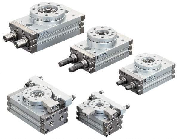 SMC PNEUMATICS - 45mm Table Diam x 15mm Piston Diam Rotary Actuator Table - 14 to 145 psi, 17.53 LBF Radial Load, 16.64 LBS Thrust Load Up, 17.53 LBS Thrust Load Down, M5x0.8 Port, 92mm Long x 50mm Wide x 34mm High - Eagle Tool & Supply