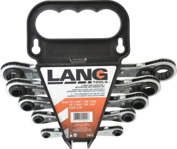 Lang - 5 Piece, 1/4 x 5/16 to 11/16 x 7/8", 12 Point, Ratcheting Box Wrench Set - Inch System of Measurement, Chrome Finish - Eagle Tool & Supply