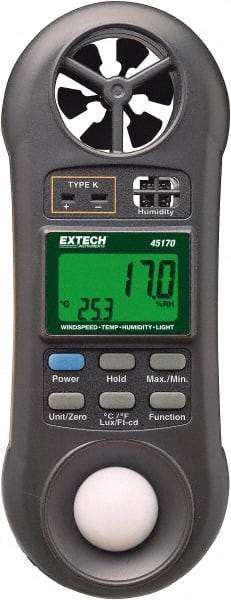 Extech - -148 to 2,372°F, 10 to 95% Humidity Range, Thermo-Hygrometer, Anemometer and Light Meter - 4% Relative Humidity Accuracy - Eagle Tool & Supply